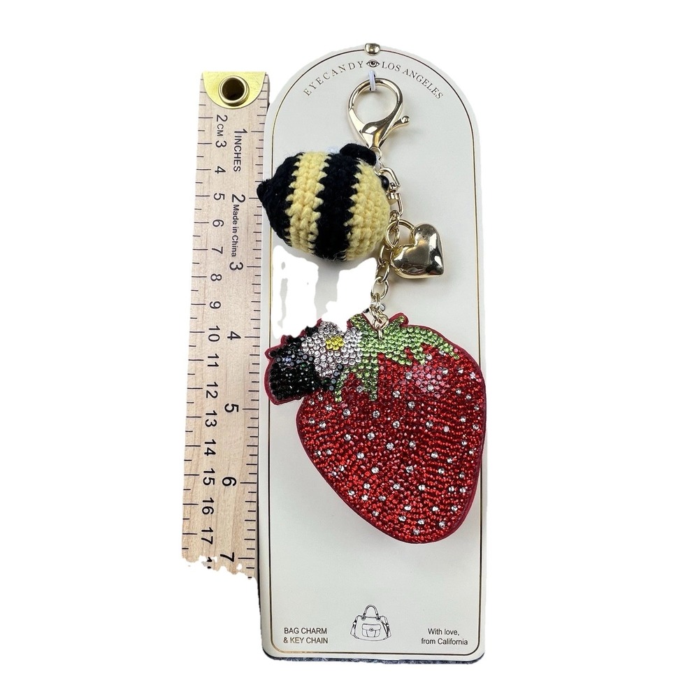 Strawberry Bag Charm Keychain‎ Rhinestone Bee Heart Lobster Clasp NWT